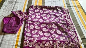Purple And Cream Sari With Blouse