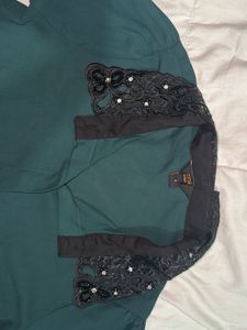 Emerald Green Shirt With Embellished Lace Collar