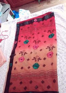 Red &amp; Beige Floral Embellished Saree