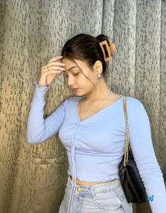 Full Sleeve Crop Top, Baby Blue Colour