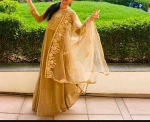 Brown Anarkali Dress Set With Pant And Dupatta