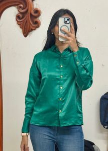Emerald Green Satin Button-Down Shirt