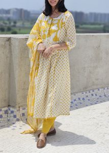 Mustard Pure Cotton Floral And Polka Dress
