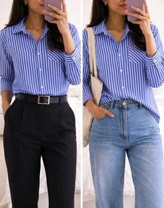 Striped Blue Button-Down Shirt with winter cardiga