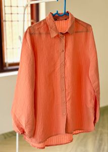 Peach Textured Sheer Panel Button-Down Shirt