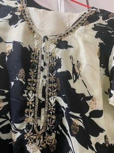 Metallic Black and Cream digital print Silk suit