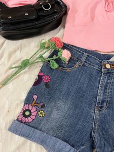 Floral Embroidered Denim Shorts