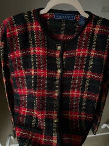 KAREN SCOTT RED CHECKED CARDIGAN