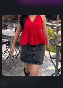 Red Halter Eyelet Top