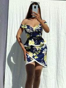 Blue Off Shoulder Floral Bodycon