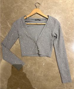 ZARA Grey Pearl Embellished Cardigan