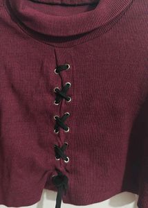 Turtle Neck Burgundy Lace-Up Crop Top Sweater