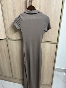Collared Solid Slit Ribbed Brown Dress