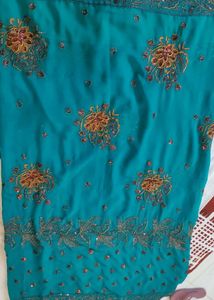 Teal Saree with Golden & Pink Floral Embroidery