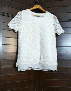 Women White Lace Round Neck Casual Top