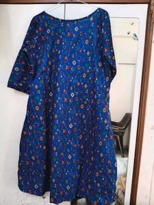 Blue Cotton Blend A Line Kurti