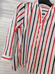 Cream Shirt With Orange And Blue Stripes