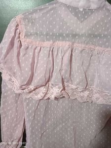 Pink sheer ruffle lace detail top 🩷