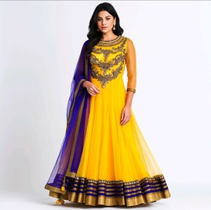 Yellow Anarkali With Blue Duppata