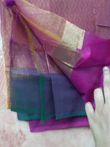 Coral With Rose Saree &amp; Blouse Cloth