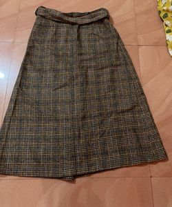 Korean Plaid Midi Skirt with Belt