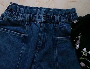 Ruched Ruffle Waist Denim Pants