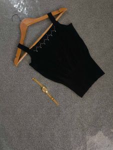 Black Ribbed Tank with Embellishments