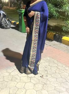 Pretty Navy Blue Plain Saree With Border