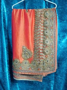 Peach Saree with Gold &amp; Blue Embroidery