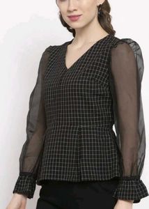 Checkered Puff Sleeve Top