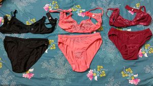 Lingeris | Pack Of 6 (3 Sets) | Black, Maroon And Peach Color Panty- Bra Set