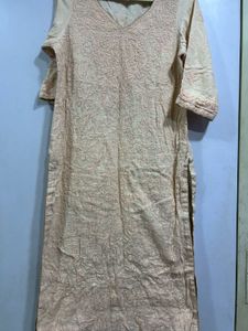 Peach Kota Checks Chikankari Embroidered Kurta