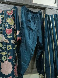 Teal Blue Kurti Pant Wedding Wear Set