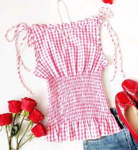 Pink Gingham Tie-Shoulder Top