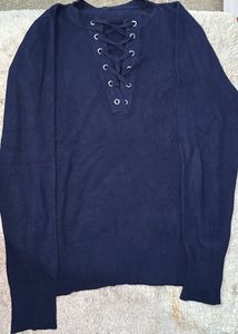 Navy Lace-Up Sweater
