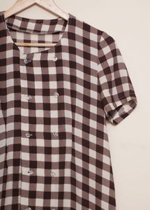 Checked Print Brown Gingham Button Dress