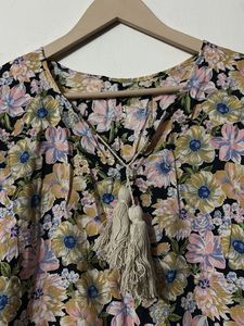 Floral Print Tassel Tie Top