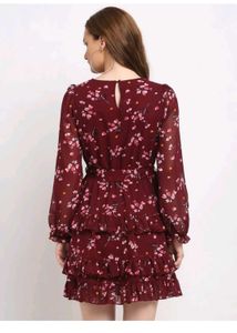 LA Zoire Maroon Floral Tiered Dress With Ruffle