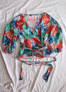 Zara Tropical Print Poplin Wrap Blouse