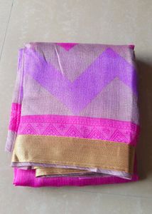 Magenta Tissue Saree with Silver Zari Border