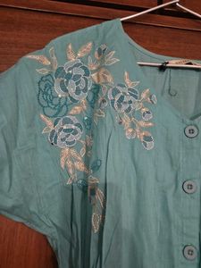 Teal Embroidered Button-Down Dress
