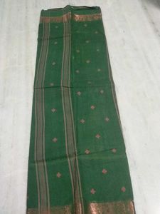 Green Tant Sari With Bronze Gold Border