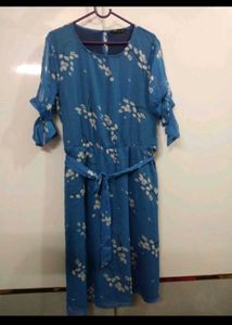 Blue Floral Print Tie Waist Dress