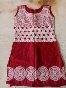 Red & White Embroidered Sleeveless Dress