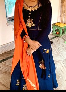 Navy Blue Anarkali With Orange Leggins And Dupatta