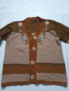 Embroidered Brown Cardigan