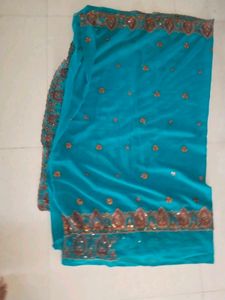 Teal Fabric with Gold Embroidery