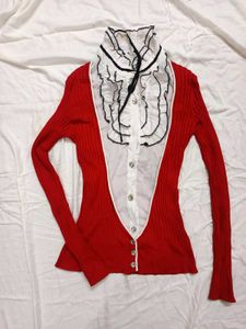 Red Cardigan with Ruffle Detail Vintage Look