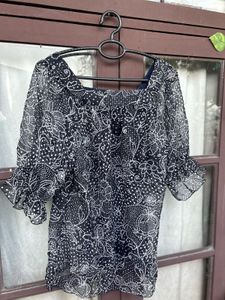Square Neck Sheer Black &amp; White Print Top