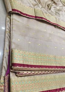 Nude Red Banarasi Silk Saree &amp; Stitched Blouse